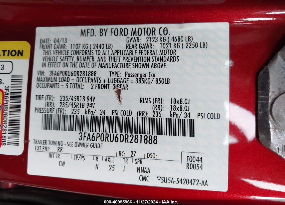 2013 FORD FUSION HYBRID TITANIUM VIN: 3FA6P0RU6DR281888