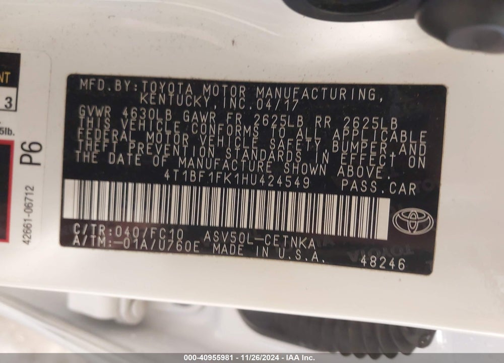 2017 TOYOTA CAMRY LE VIN: 4T1BF1FK1HU424549