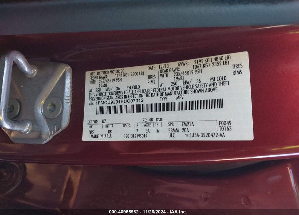 2014 FORD ESCAPE TITANIUM VIN: 1FMCU9J91EUC07012