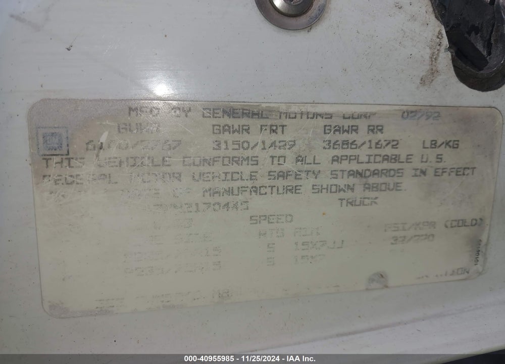 1992 CHEVROLET GMT-400 C1500 VIN: 1GCEC14ZXNZ170445