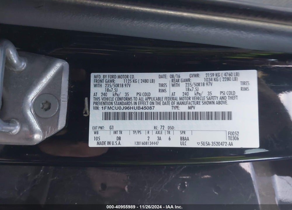 2017 FORD ESCAPE TITANIUM VIN: 1FMCU0J96HUB45087
