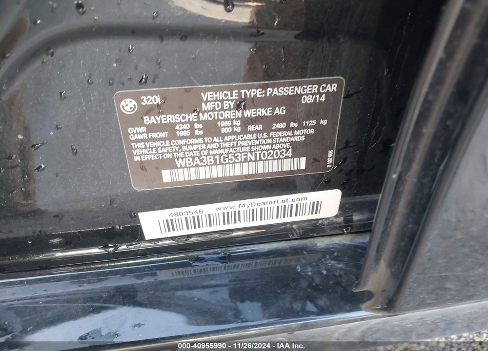 2015 BMW 320 VIN: WBA3B1G53FNT02034