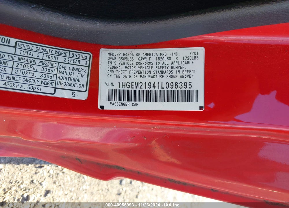 2001 HONDA CIVIC EX VIN: 1HGEM21941L096395