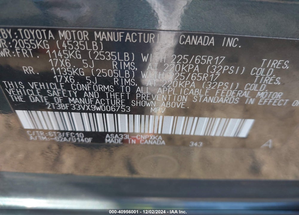 2009 TOYOTA RAV4 VIN: 2T3BF33VX9W006753