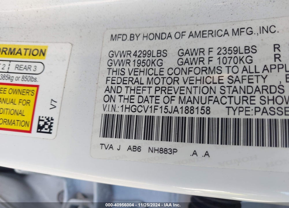 2018 HONDA ACCORD LX VIN: 1HGCV1F15JA188158