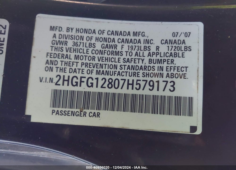 2007 HONDA CIVIC EX VIN: 2HGFG12807H579173