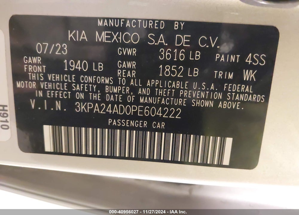 2023 KIA RIO VIN: 3KPA24AD0PE604222