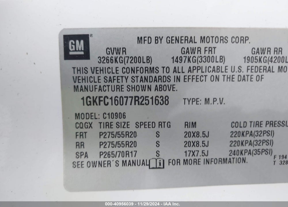 2007 GMC YUKON XL 1500 SLT VIN: 1GKFC16077R251638