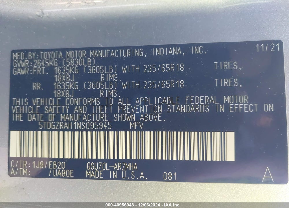 2022 TOYOTA HIGHLANDER XLE VIN: 5TDGZRAH1NS095945
