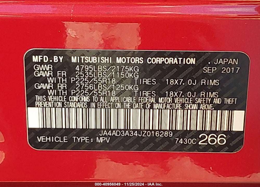2018 MITSUBISHI OUTLANDER SE VIN: JA4AD3A34JZ016289