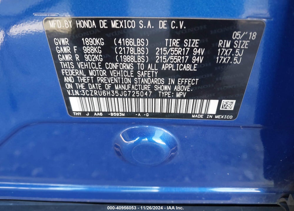 2018 HONDA HR-V LX VIN: 3CZRU6H35JG725047