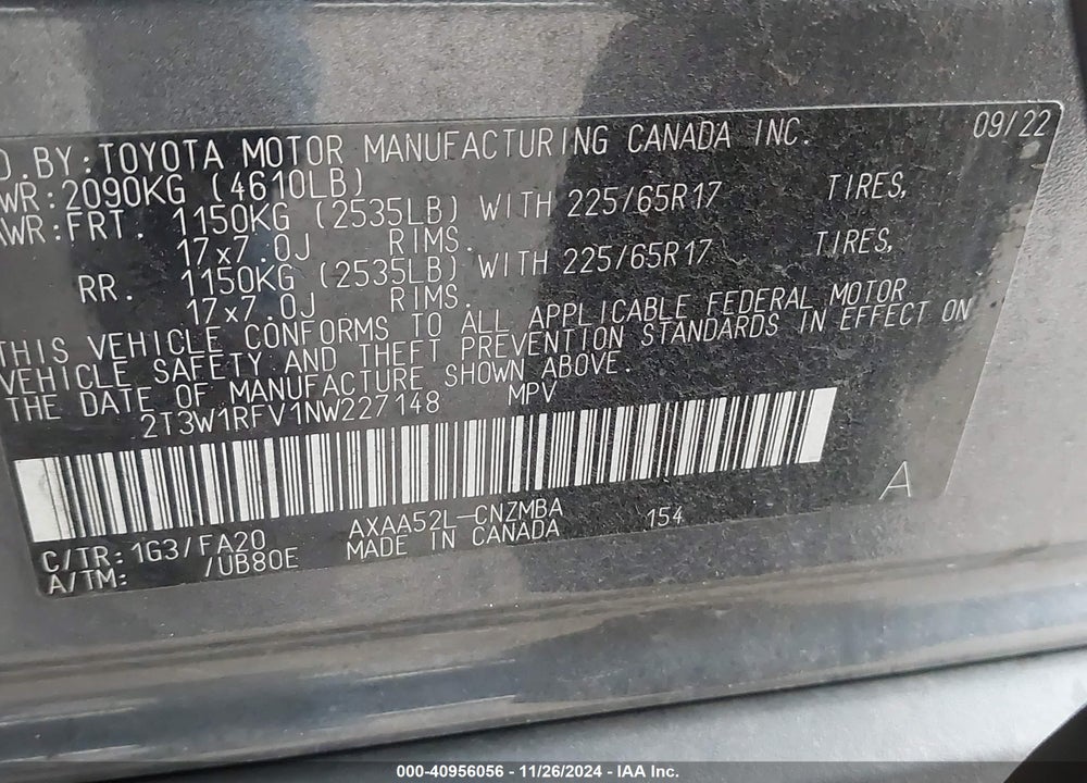 2022 TOYOTA RAV4 XLE VIN: 2T3W1RFV1NW227148