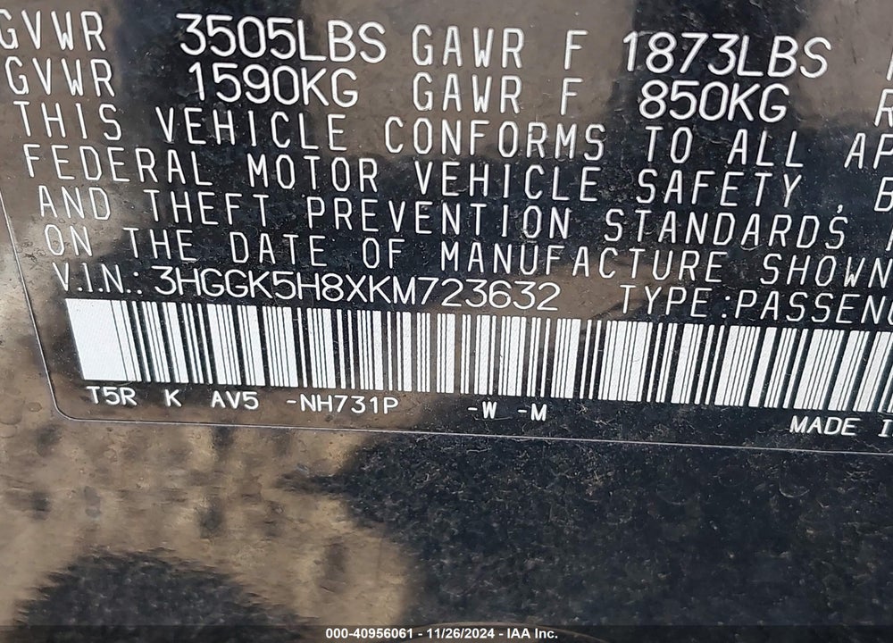 2019 HONDA FIT EX VIN: 3HGGK5H8XKM723632