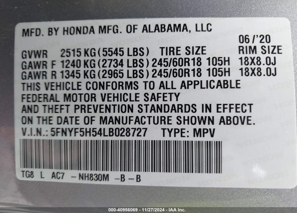 2020 HONDA PILOT 2WD EX-L VIN: 5FNYF5H54LB028727