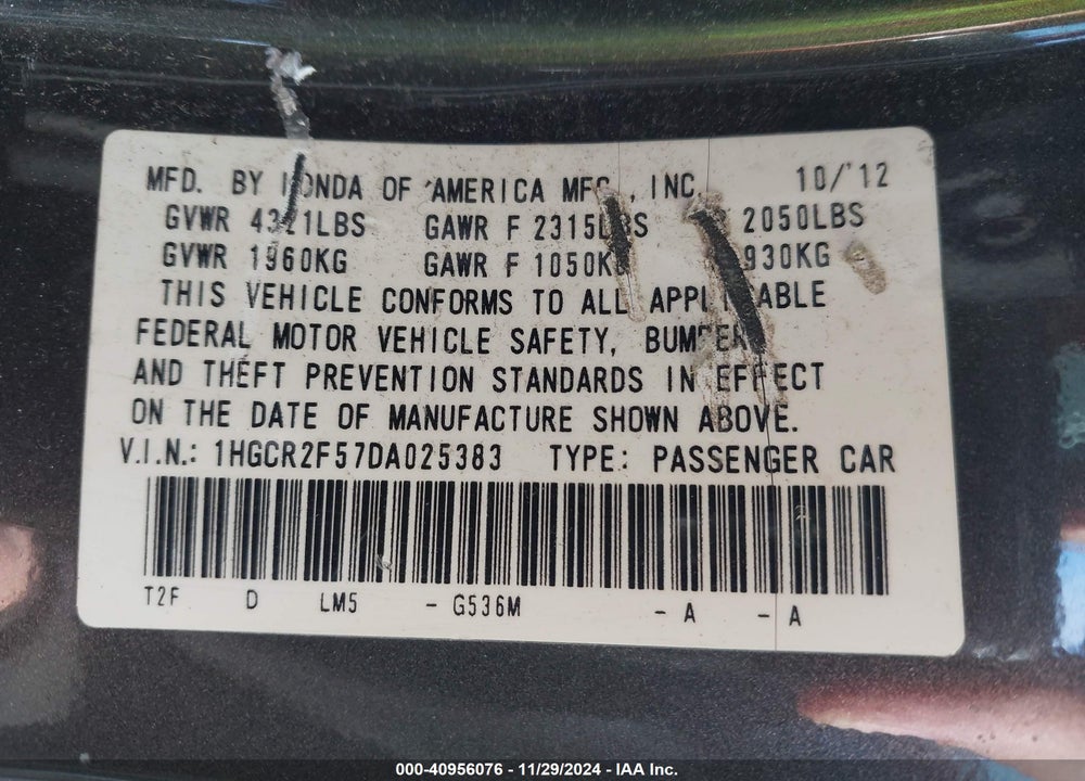 2013 HONDA ACCORD SPORT VIN: 1HGCR2F57DA025383