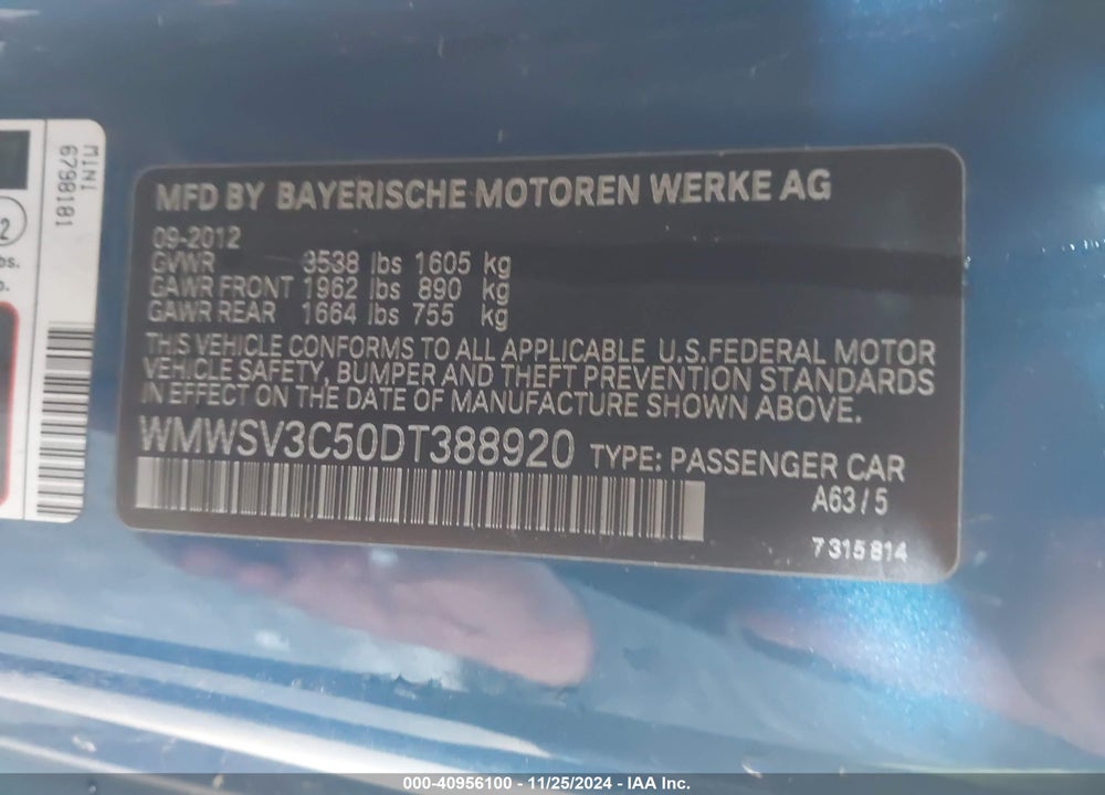 2013 MINI HARDTOP COOPER S VIN: WMWSV3C50DT388920