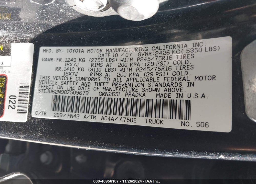 2008 TOYOTA TACOMA PRERUNNER V6 VIN: 5TEJU62N98Z509679