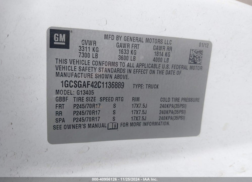 2012 CHEVROLET EXPRESS 1500 WORK VAN VIN: 1GCSGAF42C1136889
