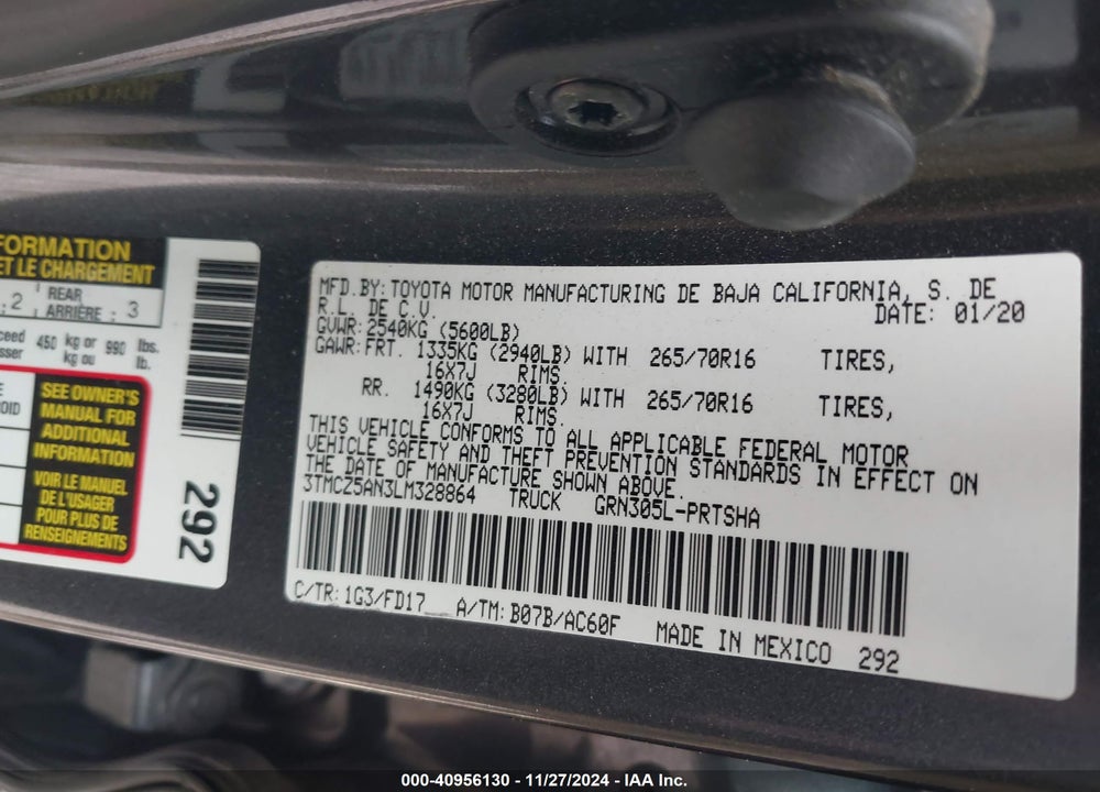 2020 TOYOTA TACOMA TRD OFF ROAD VIN: 3TMCZ5AN3LM328864
