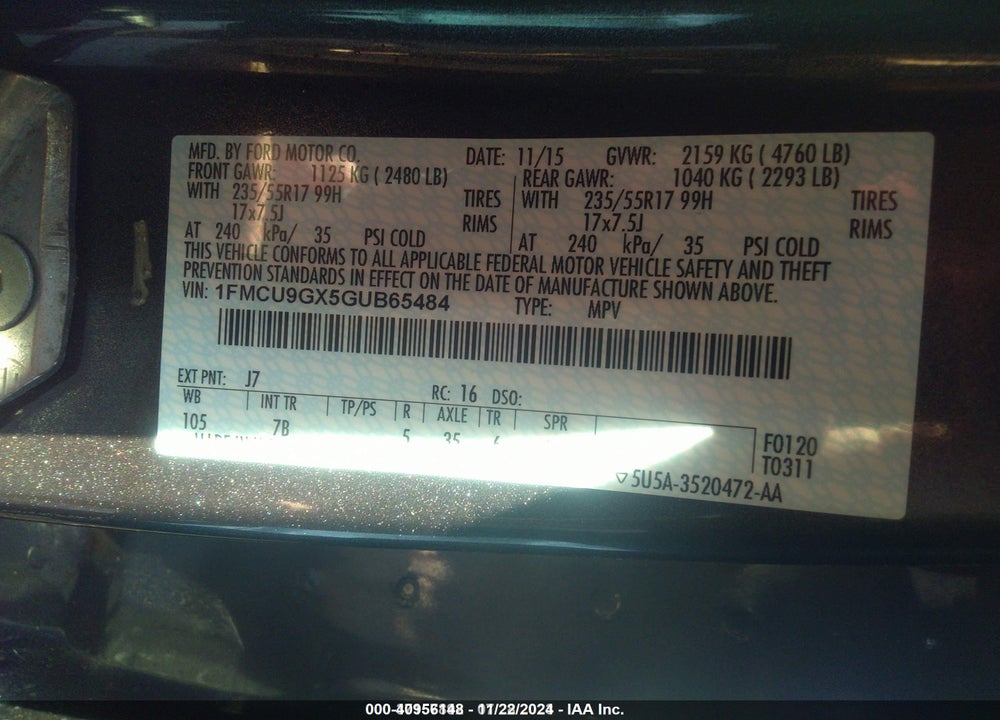 2016 FORD ESCAPE VIN: 1FMCU9GX5GUB65484