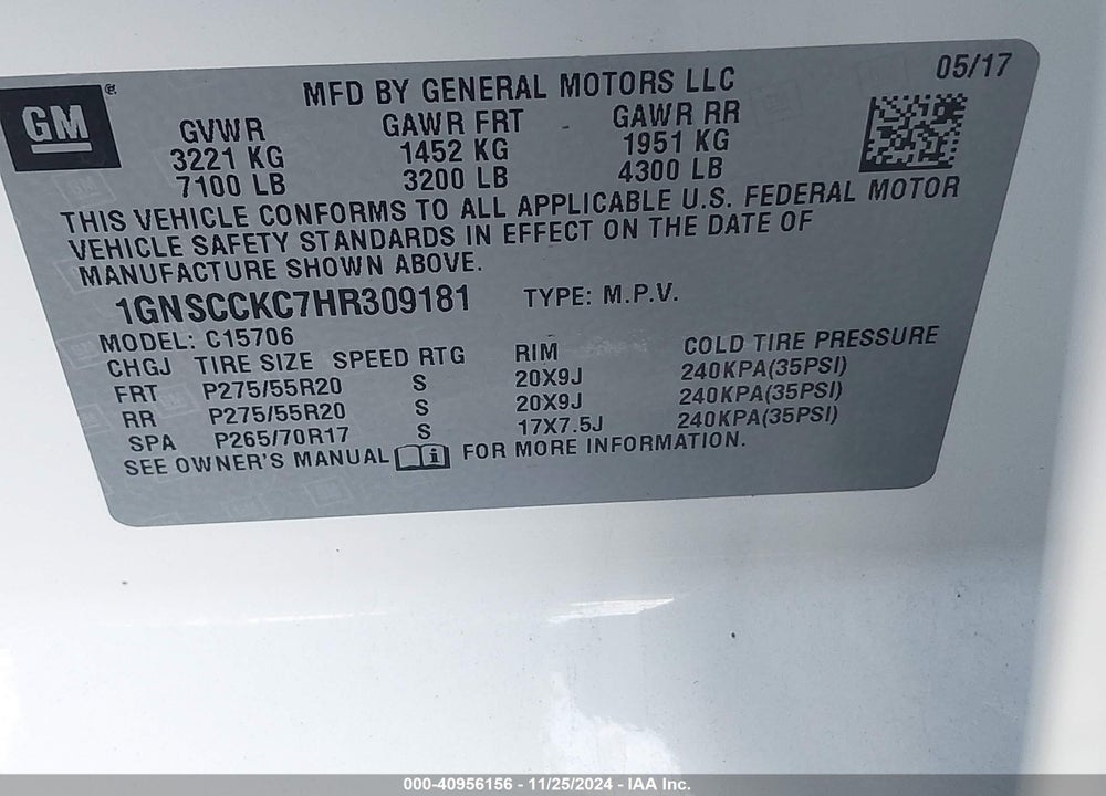 2017 CHEVROLET TAHOE PREMIER VIN: 1GNSCCKC7HR309181