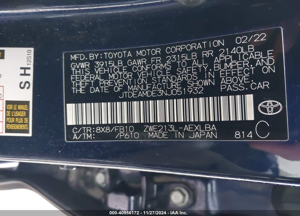 2022 TOYOTA COROLLA HYBRID LE VIN: JTDEAMDE3NJ051932