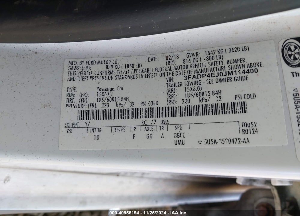 2018 FORD FIESTA SE VIN: 3FADP4EJ0JM114400