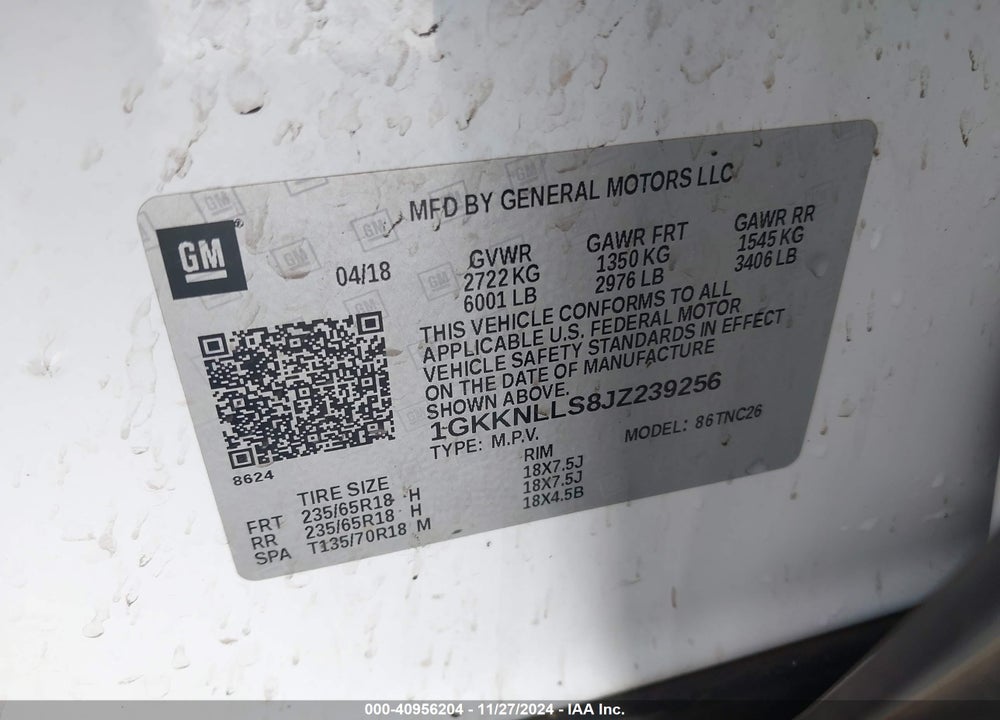 2018 GMC ACADIA SLE-2 VIN: 1GKKNLLS8JZ239256