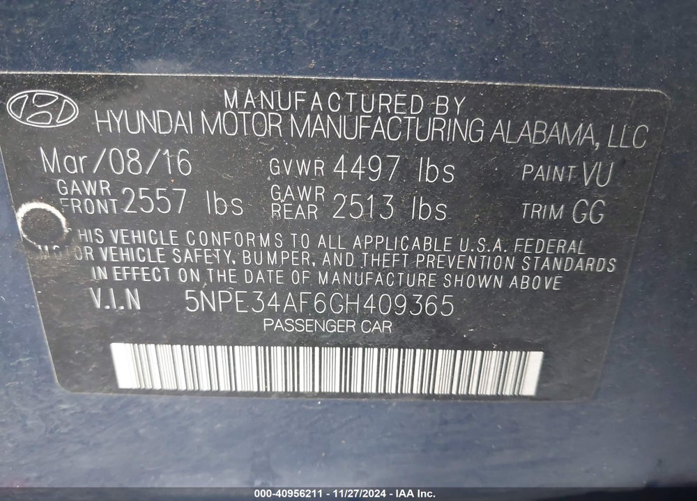 2016 HYUNDAI SONATA SPORT VIN: 5NPE34AF6GH409365