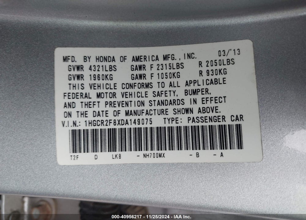 2013 HONDA ACCORD VIN: 1HGCR2F8XDA149075