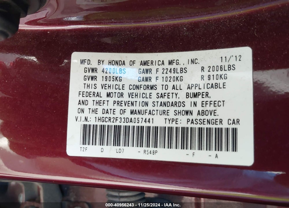 2013 HONDA ACCORD LX VIN: 1HGCR2F33DA057441