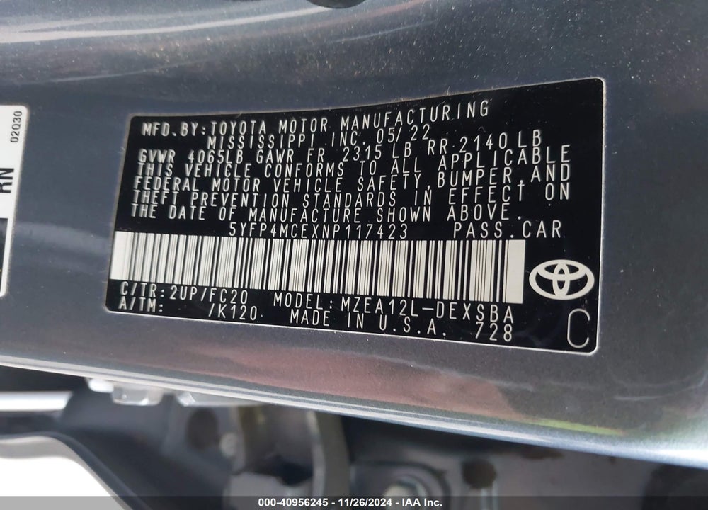 2022 TOYOTA COROLLA SE VIN: 5YFP4MCEXNP117423