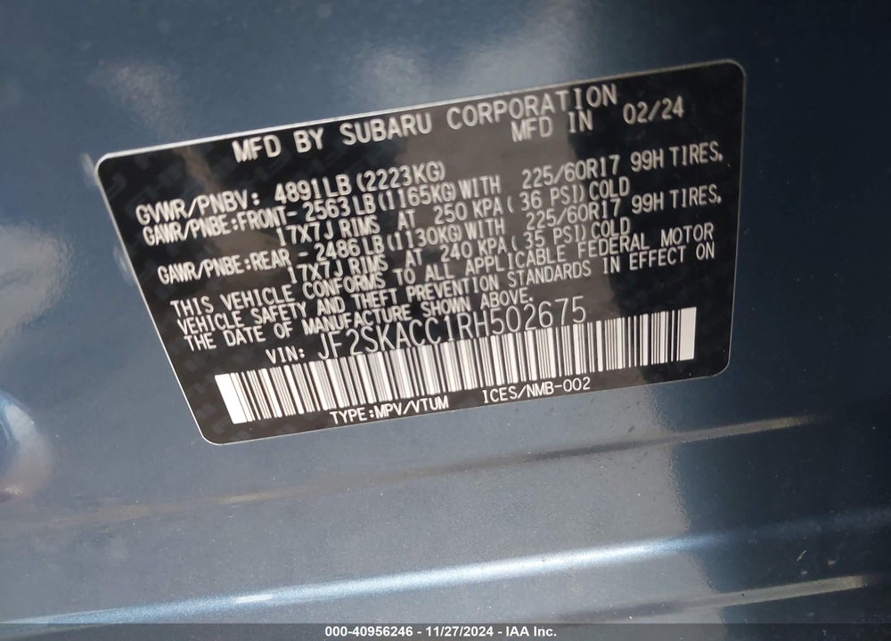 2024 SUBARU FORESTER PREMIUM VIN: JF2SKACC1RH502675