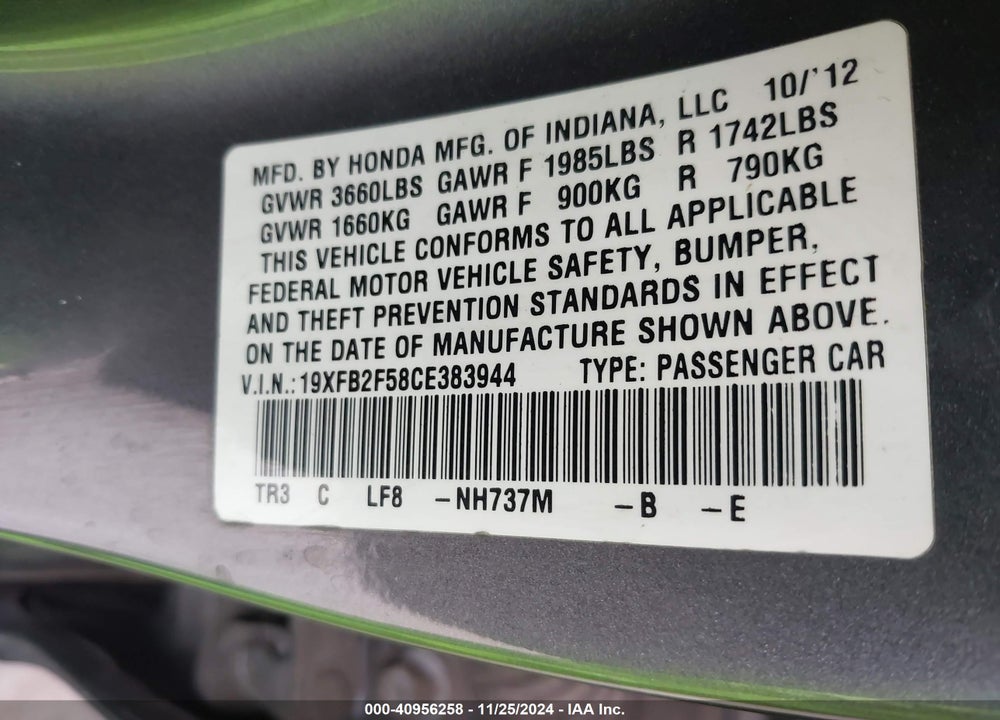 2012 HONDA CIVIC LX VIN: 19XFB2F58CE383944