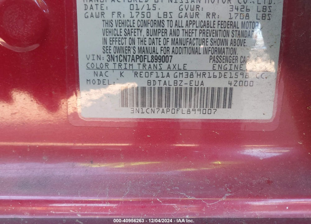 2015 NISSAN VERSA 1.6 SV VIN: 3N1CN7AP0FL899007