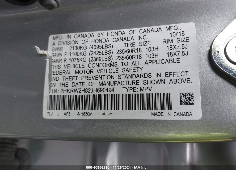 2018 HONDA CR-V EX-L/EX-L NAVI VIN: 2HKRW2H82JH690494