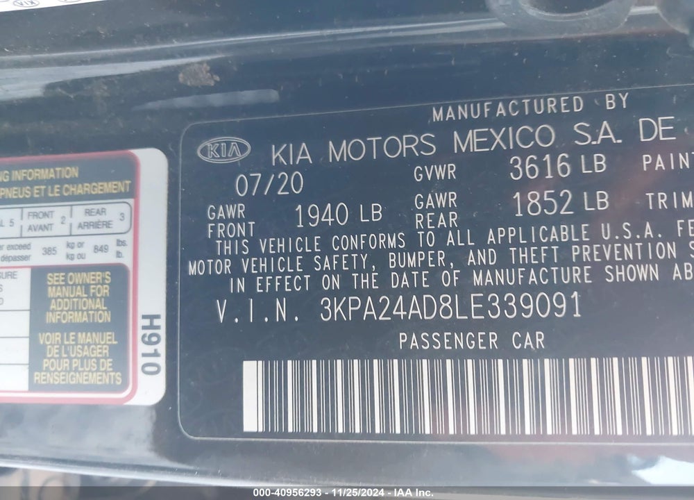 2020 KIA RIO LX VIN: 3KPA24AD8LE339091