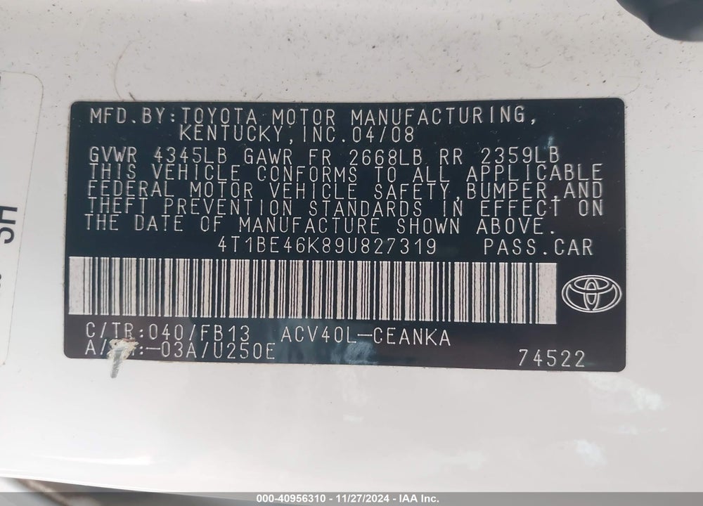 2009 TOYOTA CAMRY LE VIN: 4T1BE46K89U827319