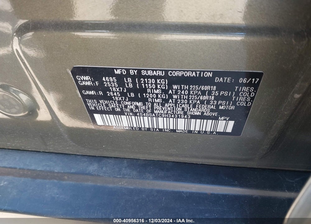 2017 SUBARU OUTBACK 2.5I TOURING VIN: 4S4BSATC9H3431943