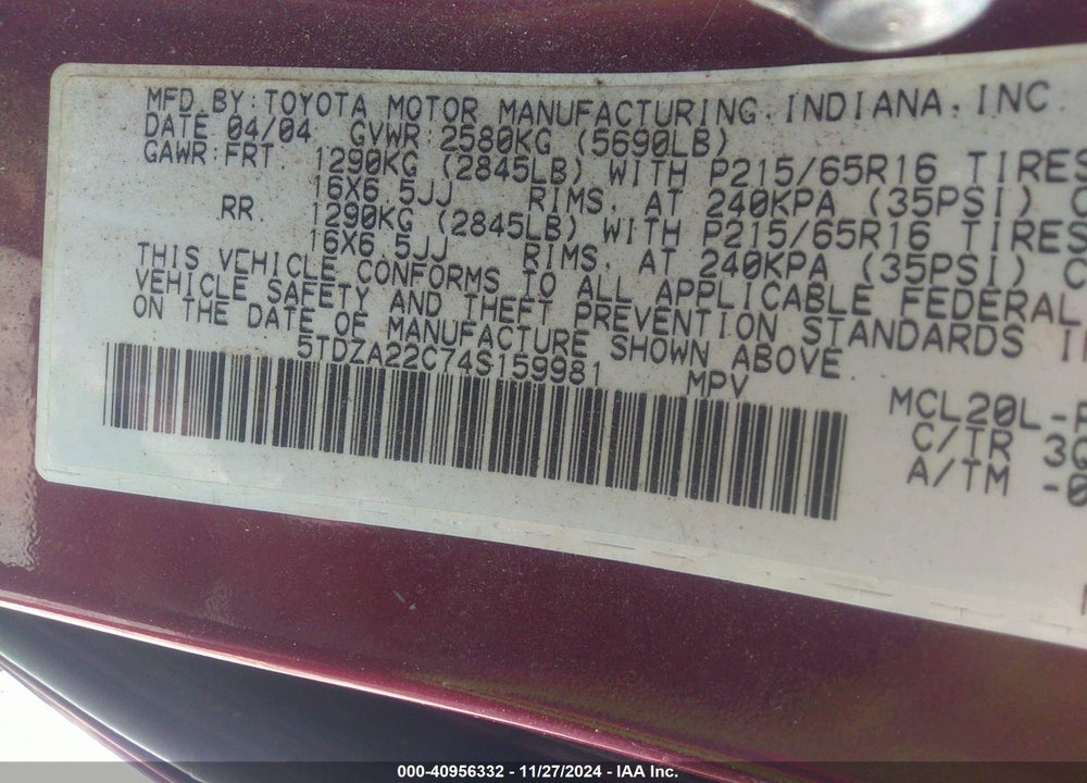 2004 TOYOTA SIENNA XLE VIN: 5TDZA22C74S159981