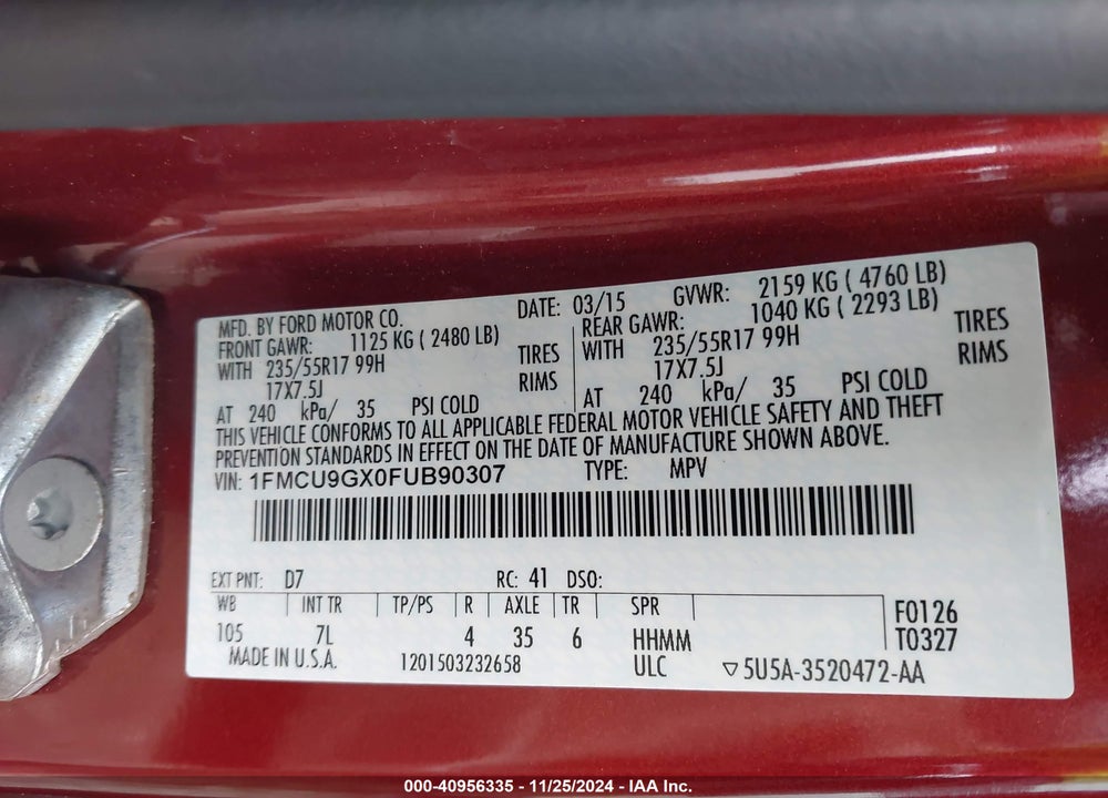 2015 FORD ESCAPE SE VIN: 1FMCU9GX0FUB90307