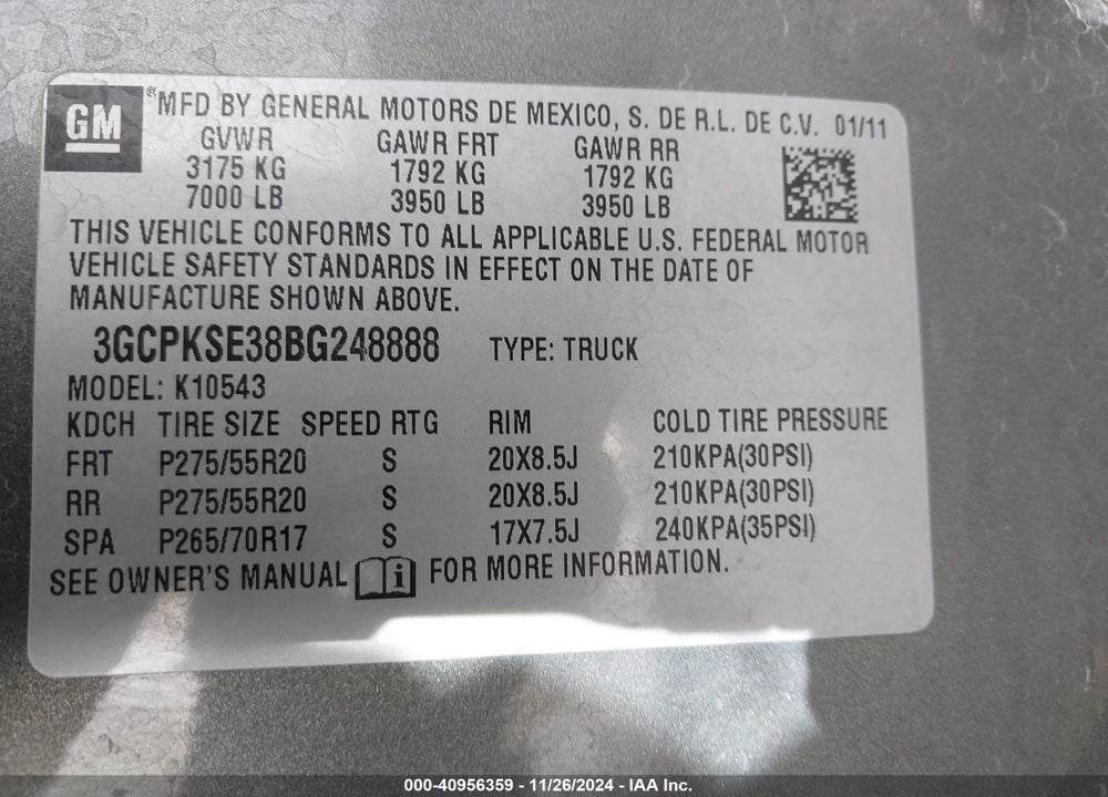 2011 CHEVROLET SILVERADO 1500 LT VIN: 3GCPKSE38BG248888