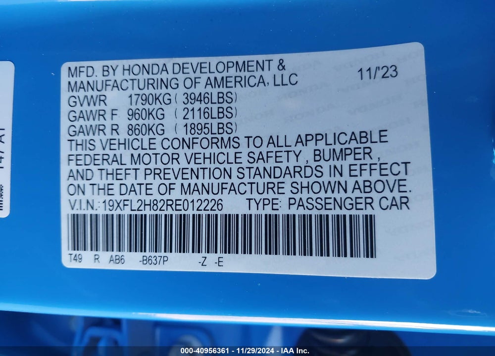 2024 HONDA CIVIC SPORT VIN: 19XFL2H82RE012226