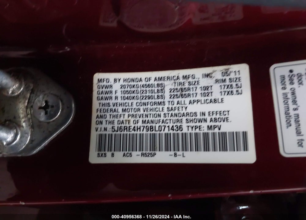2011 HONDA CR-V EX-L VIN: 5J6RE4H79BL071436