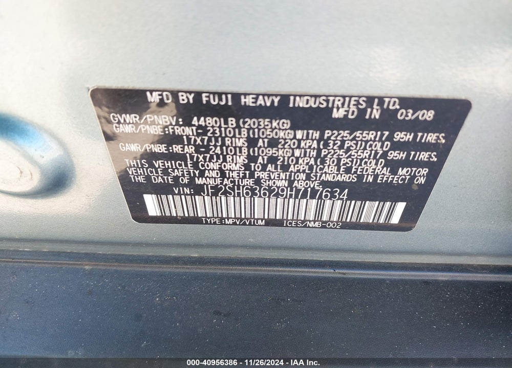 2009 SUBARU FORESTER 2.5X VIN: JF2SH63629H717634