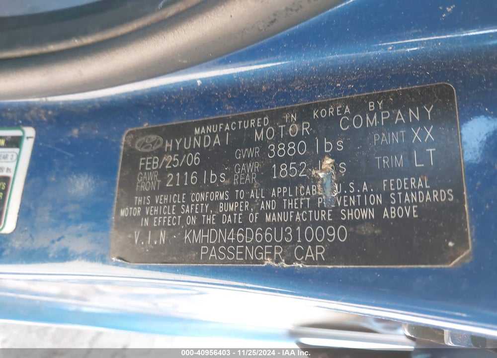 2006 HYUNDAI ELANTRA GLS/LIMITED VIN: KMHDN46D66U310090