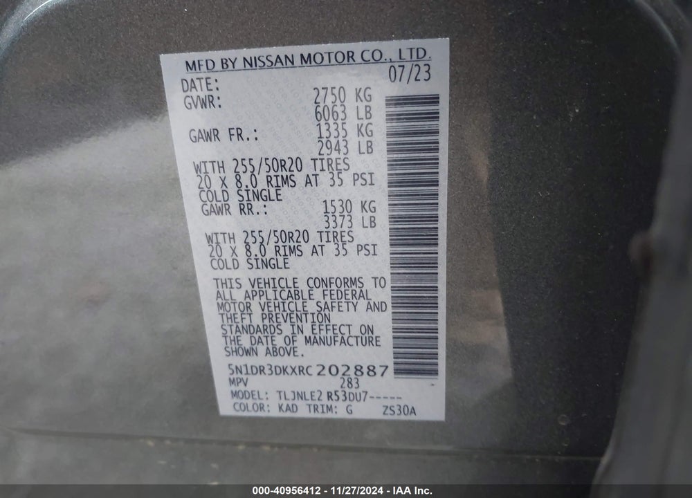 2024 NISSAN PATHFINDER PLATINUM 4WD VIN: 5N1DR3DKXRC202887