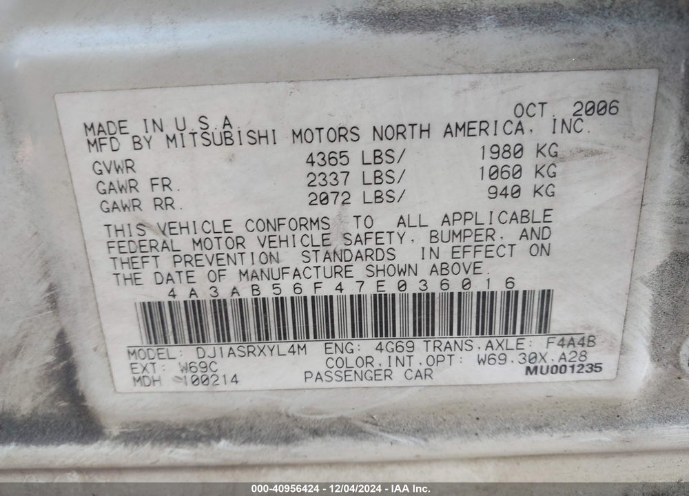 2007 MITSUBISHI GALANT ES VIN: 4A3AB56F47E036016