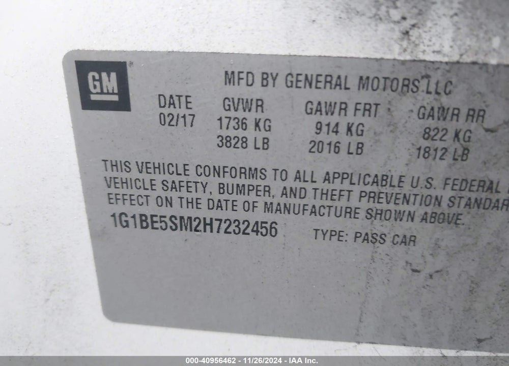 2017 CHEVROLET CRUZE LT AUTO VIN: 1G1BE5SM2H7232456