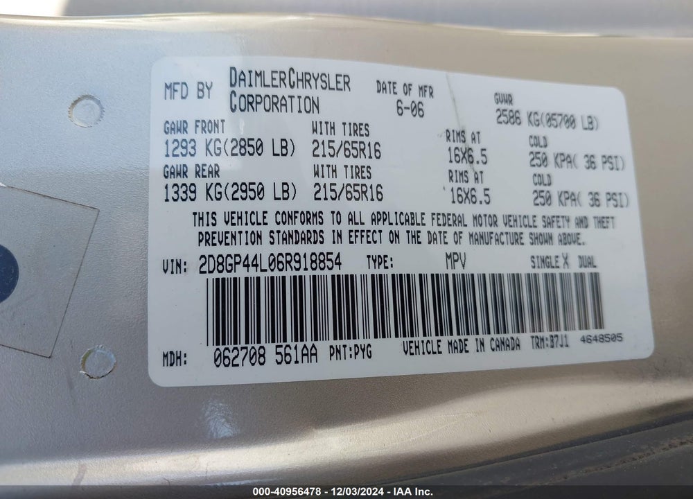 2006 DODGE GRAND CARAVAN SXT VIN: 2D8GP44L06R918854